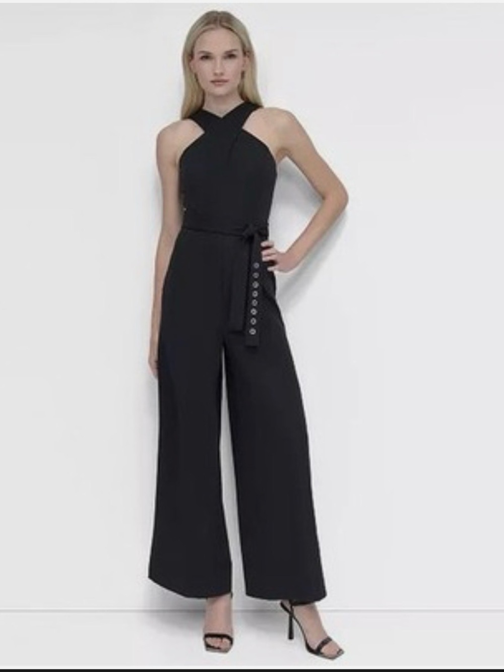 DKNY Black Halter-Wide Leg Jumpsuit with Grommet Belt